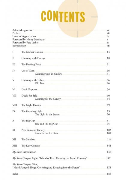 The Outlaw Gunner by Schiffer Publishing, Ltd. features a table of contents with Roman numerals, covering decoys, Chesapeake Bay hunting history, fowling pieces, night hunters, pipe guns, The Law Gunners, plus an introduction and acknowledgments.