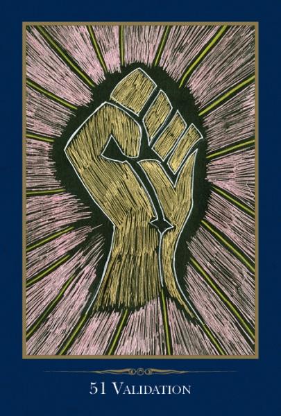 An illustration from The Empathic Oracle by Schiffer Publishing, Ltd. features a gold raised fist with radiating pink and gold lines, symbolizing empowerment. "Validation" and the number 51 appear at the bottom on a dark blue background.