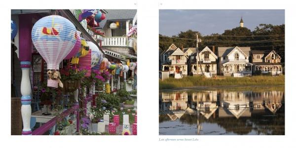 Left: Vibrant hot air balloons and flower pots adorn a porch in Oak Bluffs. Right: Charming Victorian homes mirrored in a tranquil lake—captured beautifully in "Oak Bluffs on the Vineyard" by Schiffer Publishing, Ltd.