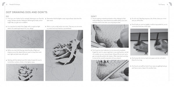 A grayscale instructional page from Dot Drawing by Schiffer Publishing, Ltd. shows proper and improper pointillism techniques for roses, with illustrated examples of dos on the left and don’ts on the right.