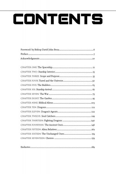 The table of contents for "Aliens, God, and the Bible" (Schiffer Publishing, Ltd.) lists chapters like The Spaceship and Bible Mysteries, highlighting a science fiction theme that explores the gap between Christianity and science.