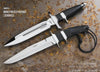 Two large, sharp self-defense knives with black handles and silver blades are shown on rusted metal. Top left text reads: Chapter 1: Combat Knives and Knife Combat by Schiffer Publishing, Ltd., highlighting key combat techniques.
