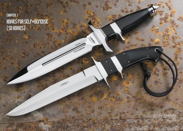Two large, sharp self-defense knives with black handles and silver blades are shown on rusted metal. Top left text reads: Chapter 1: Combat Knives and Knife Combat by Schiffer Publishing, Ltd., highlighting key combat techniques.