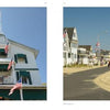 Left: A white house with green shutters and American flags beneath a blue sky. Right: A sandy beach by a road of flag-lined white houses captures Long Beach Island’s charm. From The Jersey Shore by Schiffer Publishing, Ltd.