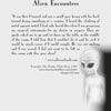 The page "Alien Encounters in the Western United States" by Schiffer Publishing, Ltd. features a short story about seeing a small grey alien and a grayscale illustration of an alien with large eyes on a mostly white, dark-shaded background.