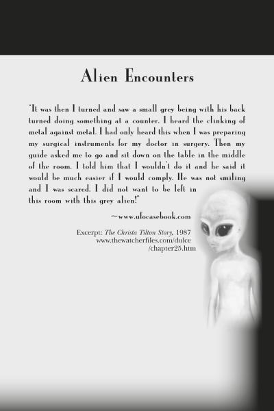 The page "Alien Encounters in the Western United States" by Schiffer Publishing, Ltd. features a short story about seeing a small grey alien and a grayscale illustration of an alien with large eyes on a mostly white, dark-shaded background.