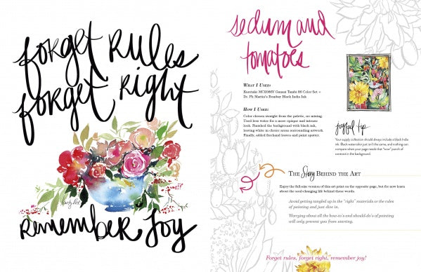 The Art for Joy’s Sake Journal by Schiffer Publishing features Kristy Rice’s floral watercolor artwork and handwritten phrases like "forget rules." Inside, find info on sedum and tomato, a small floral painting, and watercolor inspiration.