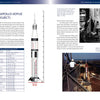 A two-page spread from Schiffer Publishing, Ltd.'s Saturn V features text and images on the Saturn V, a detailed rocket diagram, Apollo mission highlights, a rocket being moved indoors, and a Saturn V on the launch pad.