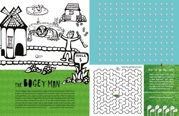 A children’s activity page from "Wicked Creatures of Cape Cod and the Islands" by Schiffer Publishing, Ltd. features a golf-themed maze, ball grid, cartoon golfer, and stories inspired by Cape Cod legends with puzzles and fun facts.