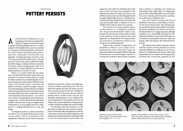 A spread from "What Makes a Potter" by Schiffer Publishing, Ltd. shows text on American studio ceramics, a dark abstract ceramic sculpture on the left, and minimalist bird-themed round plates on the right.