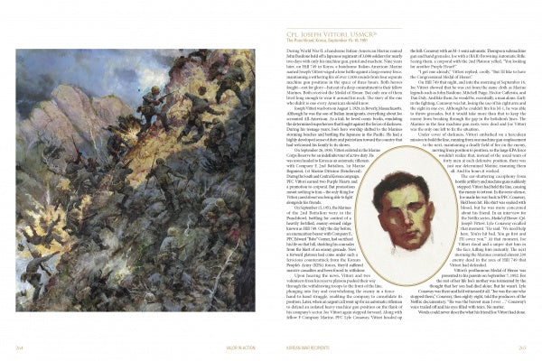The two-page spread from Valor in Action by Schiffer Publishing, Ltd. displays a Charles Waterhouse painting of US Marines scaling a rocky mountain on the left, with a sepia portrait and text on the right.
