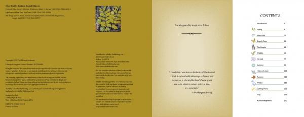 The first pages of Hudson Valley Reflections by Schiffer Publishing, Ltd. include publication info with a yellow flower photo, a Washington Irving quote, and a contents page listing topics such as Trees, Birds, Winter Leaves, and Mosses with page numbers.