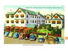The "Greetings from Virginia Beach" postcard by Schiffer Publishing, Ltd. features a vibrant 1940s view of Albemarle Hall—a grand white building with green roofs, vintage cars, and striped awnings, capturing Virginia Beach history.