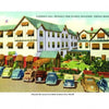 The "Greetings from Virginia Beach" postcard by Schiffer Publishing, Ltd. features a vibrant 1940s view of Albemarle Hall—a grand white building with green roofs, vintage cars, and striped awnings, capturing Virginia Beach history.