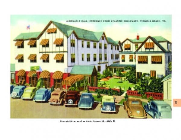 The "Greetings from Virginia Beach" postcard by Schiffer Publishing, Ltd. features a vibrant 1940s view of Albemarle Hall—a grand white building with green roofs, vintage cars, and striped awnings, capturing Virginia Beach history.