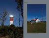 Cape Cod Nights" by Schiffer Publishing, Ltd. captures a striking scene: a red-and-white striped lighthouse illuminated at night, with a white building and tall flagpole beneath the starry sky at Coast Guard Beach, Eastham.