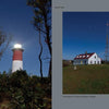 Cape Cod Nights" by Schiffer Publishing, Ltd. captures a striking scene: a red-and-white striped lighthouse illuminated at night, with a white building and tall flagpole beneath the starry sky at Coast Guard Beach, Eastham.