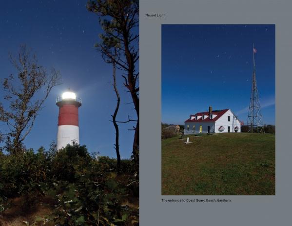 Cape Cod Nights" by Schiffer Publishing, Ltd. captures a striking scene: a red-and-white striped lighthouse illuminated at night, with a white building and tall flagpole beneath the starry sky at Coast Guard Beach, Eastham.