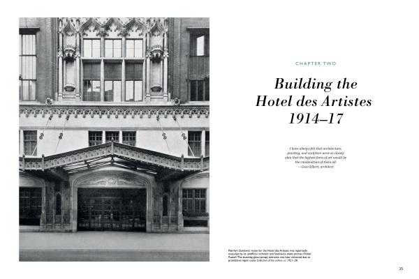 Black-and-white photo of Manhattan's Hotel des Artistes' ornate exterior on West 67th Street. Text on the right reads Building the Hotel des Artistes 1914–17 with a quote and chapter title. Published by Schiffer Publishing, Ltd.
