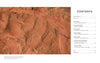 Aerial view of large dinosaur footprints in reddish rock by the Colorado River. At right, the black table of contents for "In the Chasms of Water, Stone, and Light" by Schiffer Publishing, Ltd. appears on a white background.