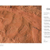 Aerial view of large dinosaur footprints in reddish rock by the Colorado River. At right, the black table of contents for "In the Chasms of Water, Stone, and Light" by Schiffer Publishing, Ltd. appears on a white background.