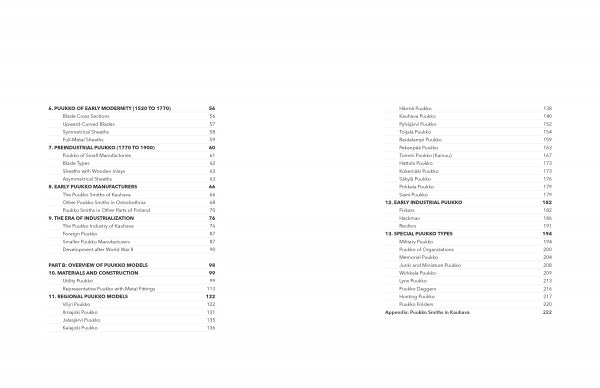 A table of contents from "The Puukko" by Schiffer Publishing, Ltd., listing chapters and sections like Early Puhakka Manufacturers, The Rise of Industrialization, Regional Puhakka Models, and Finnish puukko craftsmanship with page numbers.