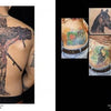 On the left, a large crucifixion back tattoo is shown; on the right, smaller images highlight a horse, bird, fish, and woman's portrait tattoos. All artwork is featured in Tattoo Road Trip by Schiffer Publishing, Ltd.