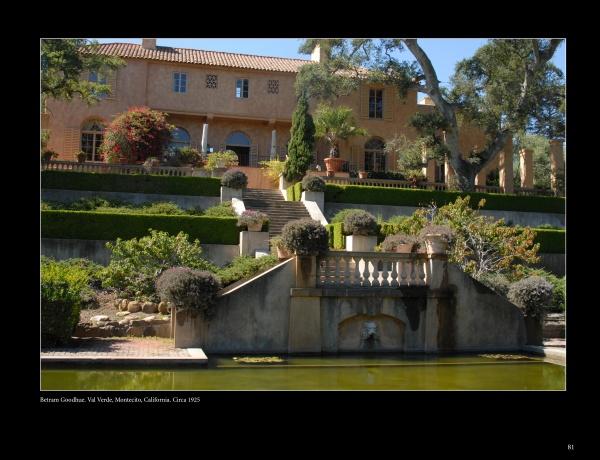 Mediterranean Architecture by Schiffer Publishing, Ltd. features a grand villa with terraced gardens, stone steps, manicured bushes, urn planters, a water fountain, and a reflective pond at the entrance.
