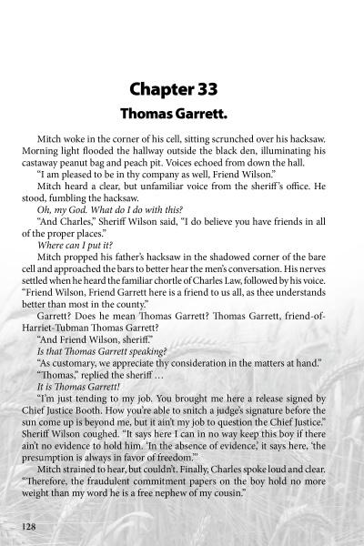 A page from "Freestyle" by Schiffer Publishing, Ltd. (page 128) features Chapter 33: Thomas Garrett, with text about Mitch waking in a jail cell, talking to Sheriff Wilson, and mentioning Thomas Garrett.