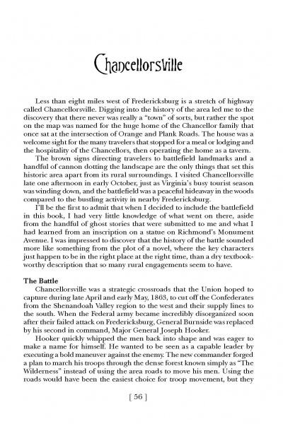A page from Schiffer Publishing, Ltd.'s "Haunted Battlefields" explores Chancellorsville's history, its Civil War battle, the Chancellor family's home, and introduces tales of Virginia battlefield ghosts.