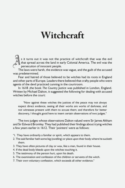 Colonial Law in America by Schiffer Publishing, Ltd. is an informative text with a decorative A, covering 1600s law, colonial and English witch trials, Dalton's references, and witch signs. The layout is simple and clear.