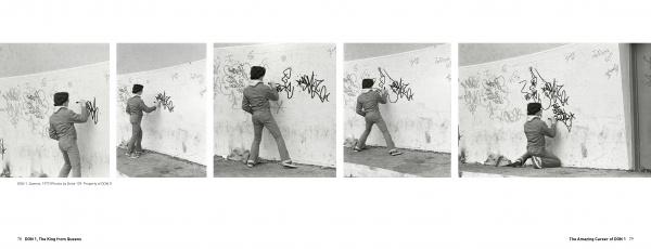 A sequence of four black-and-white photos from "Don1, The King from Queens" by Schiffer Publishing, Ltd. features a graffiti artist in a hat and jacket spray painting bold, abstract shapes on a white outdoor wall.