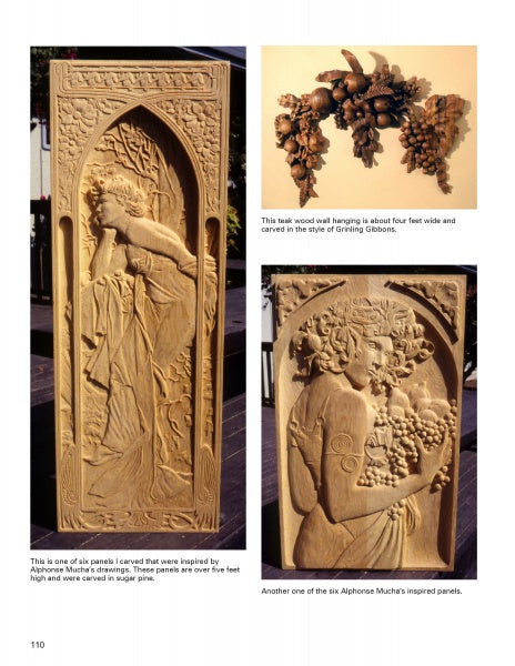 Three wood carvings from Schiffer Publishing, Ltd.'s "Relief Carving with Nora Hall": an Art Nouveau woman with grapes, a fruit and leaf relief, and a Mucha-inspired woman with grapes—all showcasing light wood mastery.