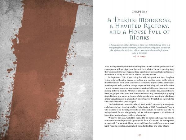 An open book—Haunted Britain by Schiffer Publishing, Ltd.—shows Chapter 8, "A Talking Mongoose, a Haunted Rectory, and a House Full of Monks." The left page features abstract brown on gray, while the right page contains text.