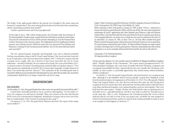 A two-page spread from "Trawniki Guards" by Schiffer Publishing, Ltd. features dense black text on white, describing the Holocaust, Trawniki concentration camp, executions, and historical events—without any images or illustrations.