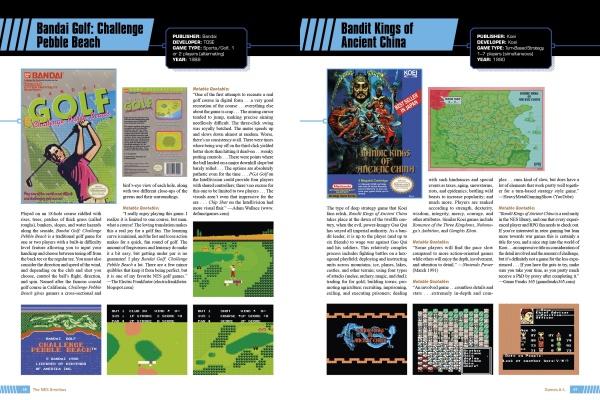 A two-page spread in The NES Omnibus from Schiffer Publishing, Ltd. reviews Bandai Golf: Challenge Pebble Beach and Bandit Kings of Ancient China, with screenshots, cover art, maps, and detailed descriptions.
