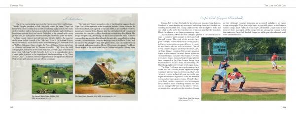 An open spread from "Cape Cod and the Islands" by Schiffer Publishing, Ltd. shows text about the Cape Cod Baseball League, images of a yellow house, a barn painting, Cape Cod oil art, and a youth baseball game photo.