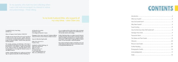 A two-page spread from Schiffer Publishing’s "The 50 State Fossils": yellow acknowledgments and dedication on the left; right page titled CONTENTS in blue lists chapters and pages for this kids' US fossil guide.