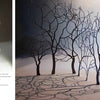 Papercutting by Schiffer Publishing, Ltd. features upright paper cutouts of bare trees casting shadows on a light background, with elegant white trees on the left and black trees beside the text "Trees in Winter.