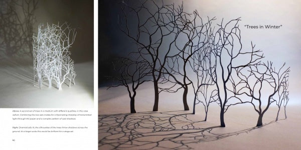 Papercutting by Schiffer Publishing, Ltd. features upright paper cutouts of bare trees casting shadows on a light background, with elegant white trees on the left and black trees beside the text "Trees in Winter.