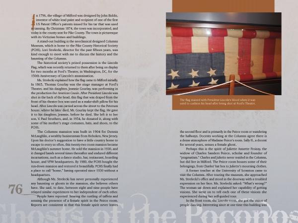 A magazine page showcases Milford’s historic mansions and a restored vintage American flag, with a caption referencing "Ghosts of the Poconos" by Schiffer Publishing, Ltd.—a nod to haunted tales linked to these storied estates.