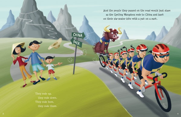 In Schiffer Publishing, Ltd.’s "The Cycling Wangdoos," a family watches cyclists on a long tandem bike with a yak, journeying toward signs for China and Back through winding mountains in this playful children’s picture book.