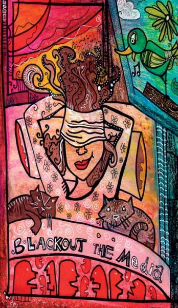 Colorful, abstract artwork from "Manifesting Your Greatness" by Schiffer Publishing, Ltd. depicts a blindfolded woman with two cats and a green bird, vibrant patterns, and BLACKOUT THE MEDIA text—evoking the magic of oracle or wisdom cards.