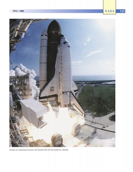 A space shuttle launches, flames and smoke blazing—a tribute to NASA: Space Flight Research and Pioneering Developments by Schiffer Publishing, Ltd. The upright shuttle features the USA flag and NASA logo with towers and green landscape behind.
