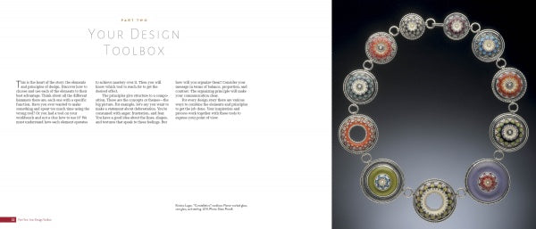 Open book spread of "Mastering Contemporary Jewelry Design" by Schiffer Publishing, Ltd. Left page features "Your Design Toolbox" text; right displays a circular necklace with intricate, colorful patterns on a dark background, illustrating design principles.