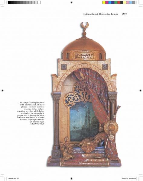 The Antique Vienna Bronzes lamp by Schiffer Publishing, Ltd. features an ornate Middle Eastern archway shape with a domed top, intricate patterns, a reclining figure, painted backdrop, and draped curtain reminiscent of antique bronze art.