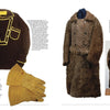 A book spread in "Artifacts of the Battle of Little Big Horn" by Schiffer Publishing, Ltd. showcases a dark shirt with yellow trim, yellow gloves, and a brown fur coat—possible Custer artifacts—displayed with descriptive text blocks.