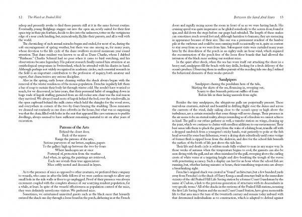 A two-page spread from "The Watch at Peaked Hill" by Schiffer Publishing, Ltd. features black serif text in columns on a white background, discussing patrons of the arts, sculptors, and Provincetown life, with clear headings and a clean layout.