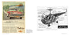 Left: A vintage ad shows a woman driving a red 1958 Chevrolet with a Bell 47/H-13 Sioux Helicopter above. Right: Schiffer Publishing, Ltd. features black and white cutaway diagrams of the Bell 47/H-13 Sioux’s parts for civilian aviation.