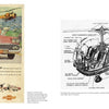 Left: A vintage ad shows a woman driving a red 1958 Chevrolet with a Bell 47/H-13 Sioux Helicopter above. Right: Schiffer Publishing, Ltd. features black and white cutaway diagrams of the Bell 47/H-13 Sioux’s parts for civilian aviation.